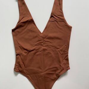 Babaton Brown Bodysuit with Deep V-Neckline